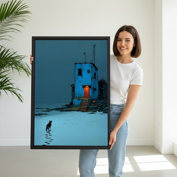 Woman holding large moody blue dog house moon framed canvas art size reference