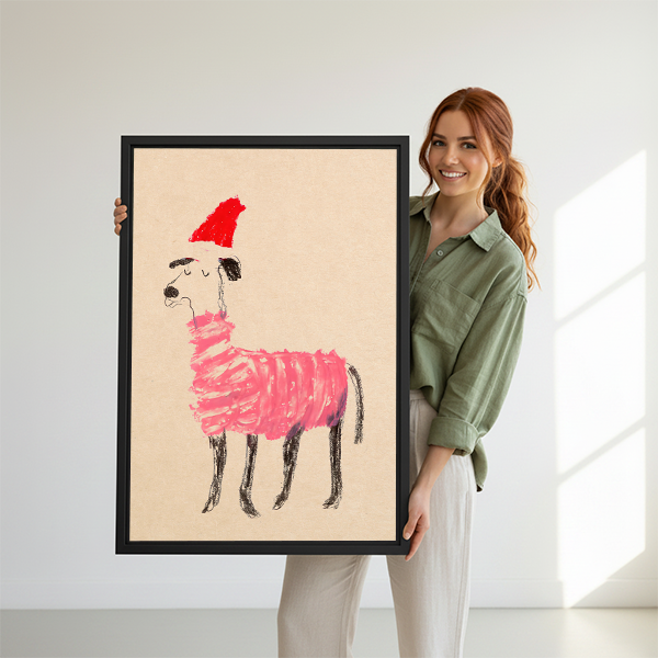 Woman holding large Christmas dog pink sweater Santa hat whimsical crayon sketch framed canvas print showing size reference in bright white studio