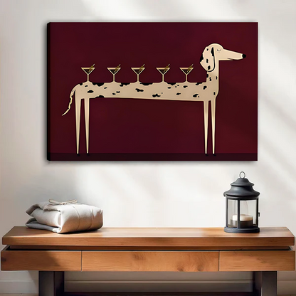 Black-framed martini dog canvas wall art featuring a long spotted dog and cocktail glasses above a wooden console.