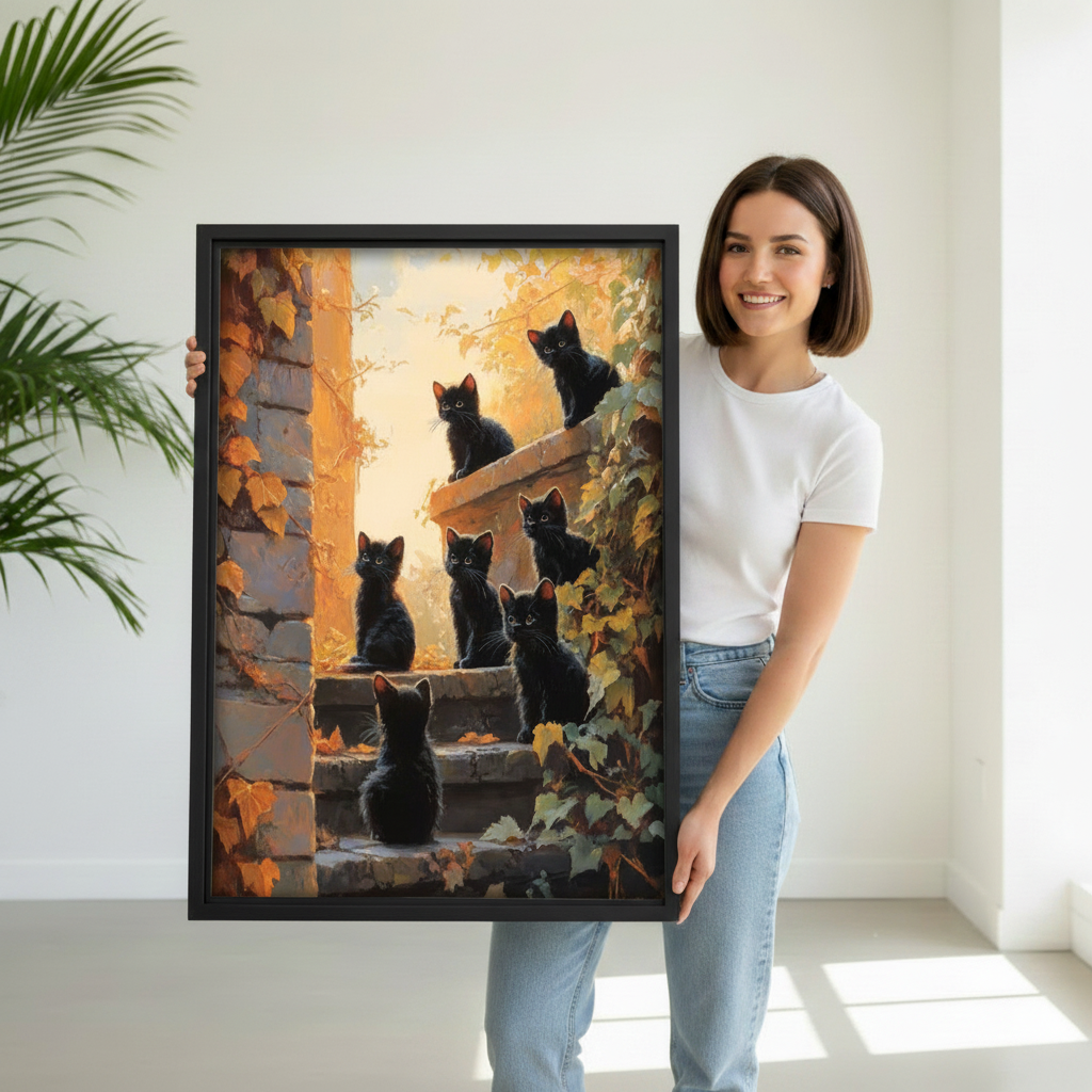 Woman holding large framed black kittens canvas art print, whimsical autumn cat painting, unique pet wall decor gift