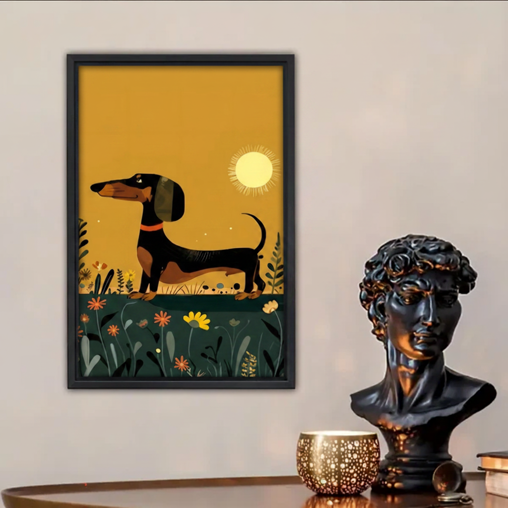 Dachshund retro floral garden canvas wall art print on golden yellow background