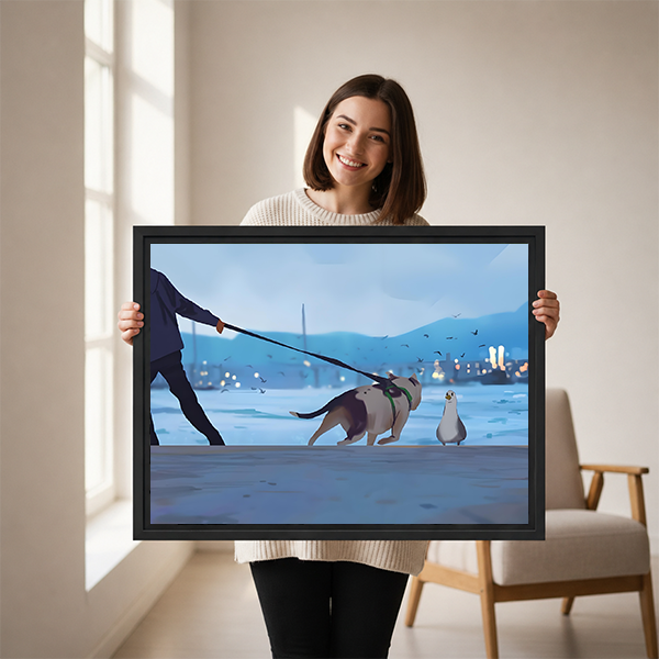 Dog Walk Seagull Standoff Digital Art Framed Canvas l2565