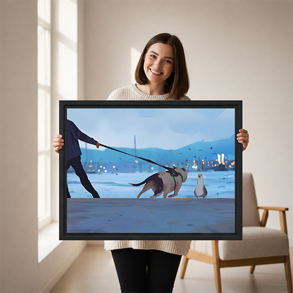 Dog Walk Seagull Standoff Digital Art Framed Canvas l2565