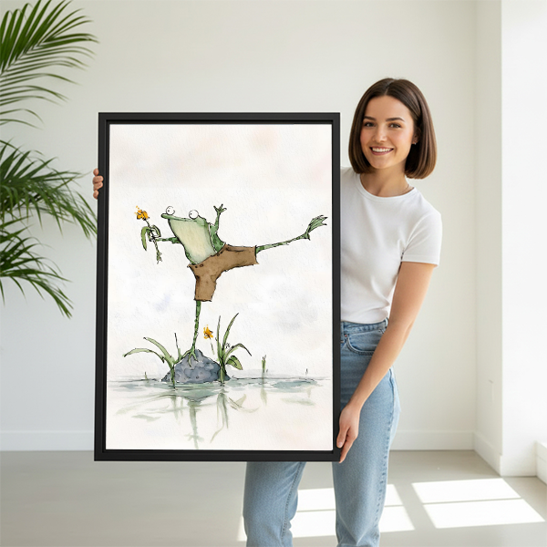 Whimsical dancing frog canvas wall art displayed in dining room with wood table and plant