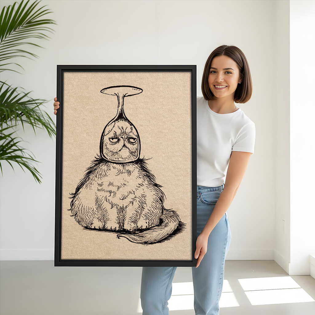 Woman holding large framed funny cat wine glass art print, humorous wall decor gift