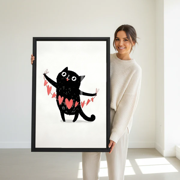 Woman holding large framed cute black cat heart banner wall art print showing actual print size