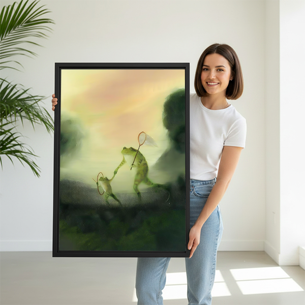 Woman holding badminton frogs oil painting framed wall art print — whimsical animal wall decor