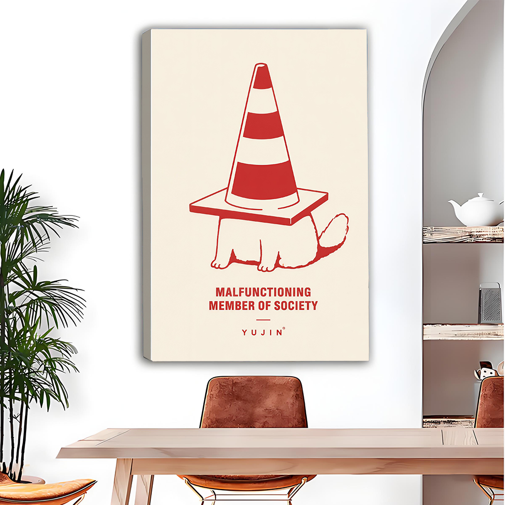 Unframed traffic cone cat canvas wall art with red linework and a funny quote above a wooden dining table.