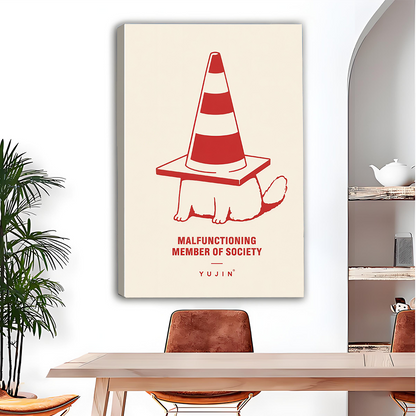 Unframed traffic cone cat canvas wall art with red linework and a funny quote above a wooden dining table.