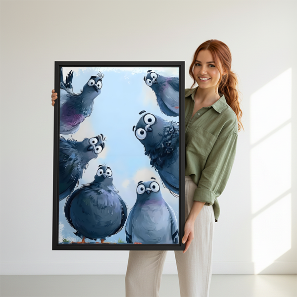 Woman Holding Funny Cartoon Pigeon Framed Art Print Size Reference