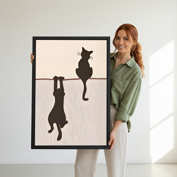Woman holding funny two black cats hanging minimalist framed canvas wall art print, cat lover gift