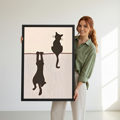Woman holding funny two black cats hanging minimalist framed canvas wall art print, cat lover gift