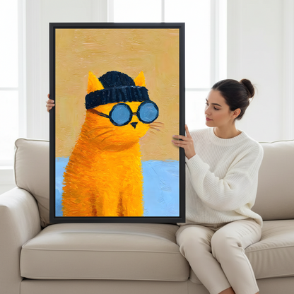 Brunette woman in white sweater sitting on cream sofa holding large cool orange cat swimming goggles bold oil painting framed canvas print with golden yellow and light blue background in bright white room with large windows