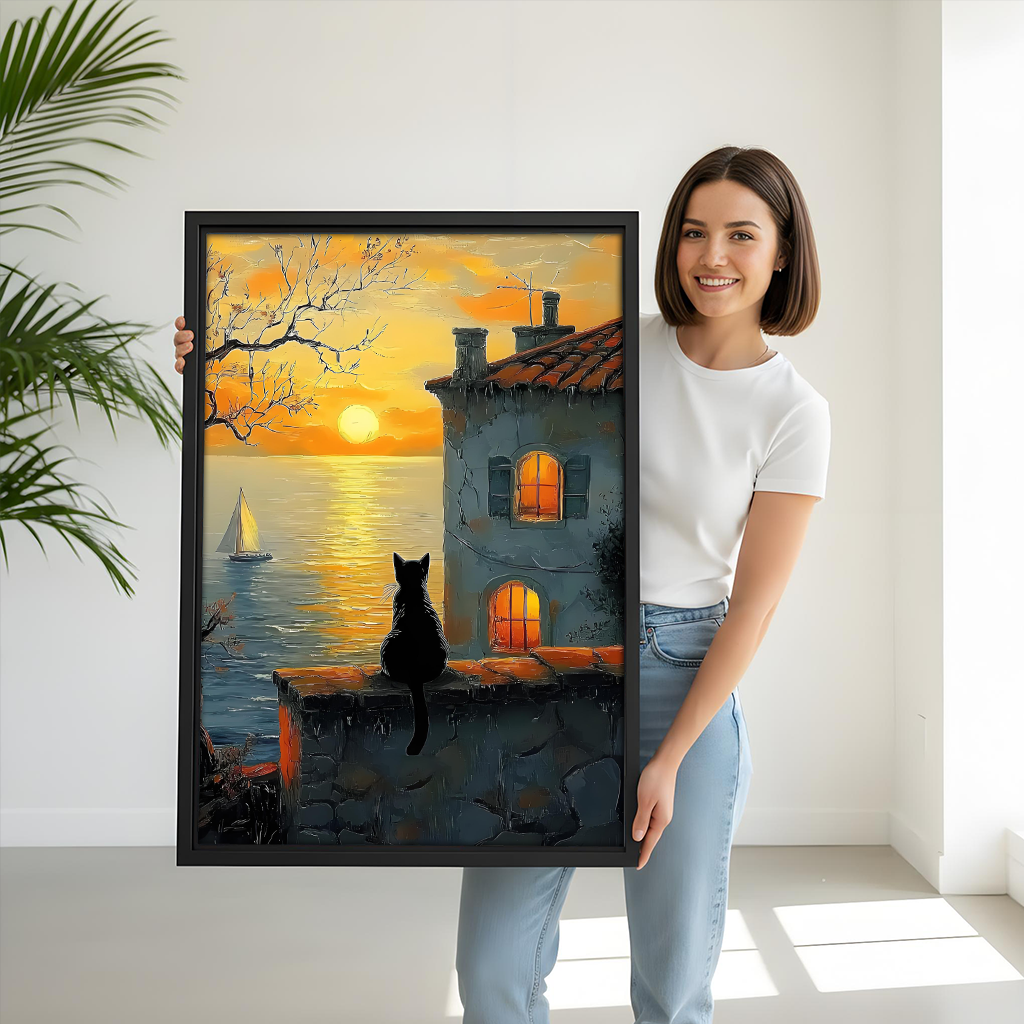 Woman holding black cat sunset ocean framed art print – size reference wall decor