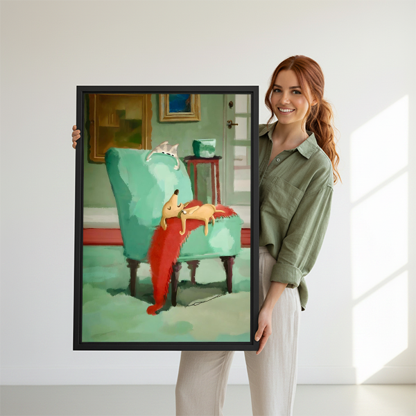 Woman holding large whimsical dog napping on armchair framed wall art print