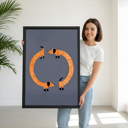 Woman holding large dachshund circle framed wall art print – funny dog lover gift idea