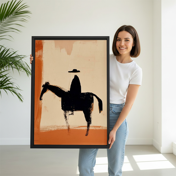 Woman holding minimalist cowboy silhouette abstract framed wall art print — modern western home decor