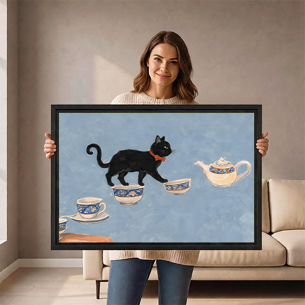 Woman holding large black cat whimsical wall art print size reference