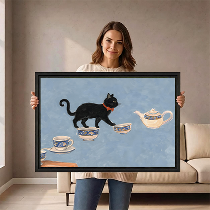 Woman holding large black cat whimsical wall art print size reference