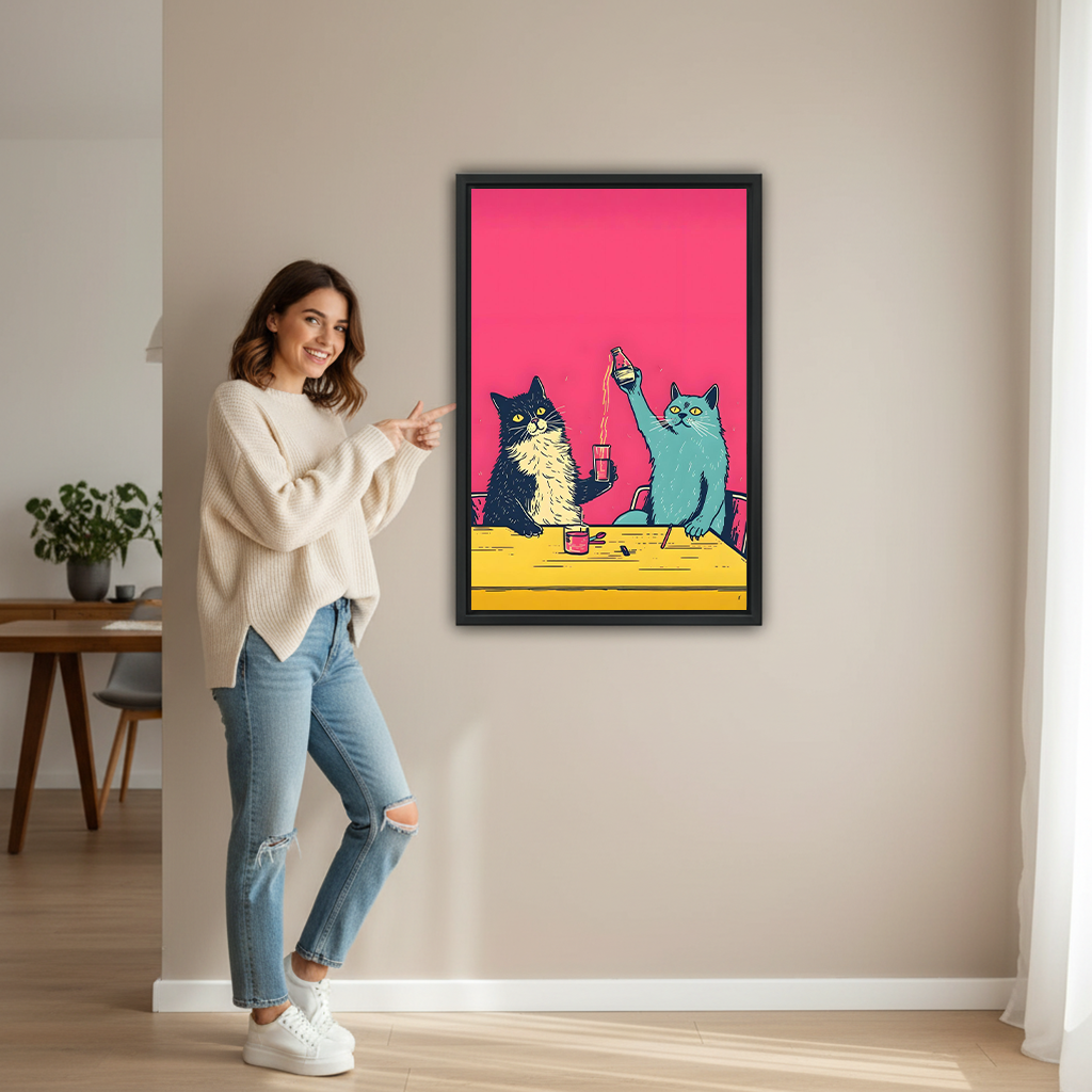 Smiling woman pointing at large pop art cats party framed print on beige wall to show size in modern hallway