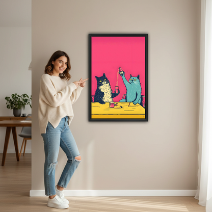 Smiling woman pointing at large pop art cats party framed print on beige wall to show size in modern hallway