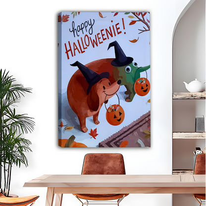 Gallery-wrap Halloween dachshund canvas wall art above a dining table with Happy Halloweenie lettering and autumn leaves.