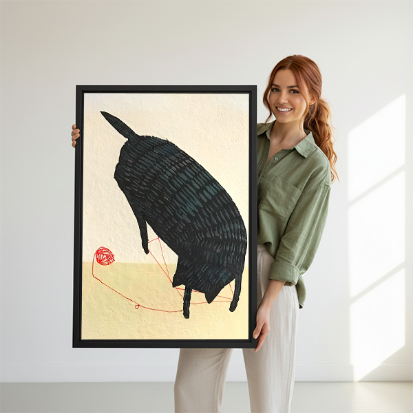 Smiling woman holding large Japanese ukiyo-e black cat red yarn zen framed canvas print to show size against white background
