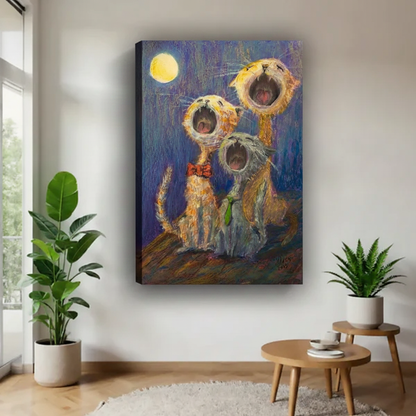 Gallery-wrapped singing cats canvas print, three quirky cats meowing at yellow moon on blue night background, frameless wall art for modern living room

