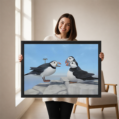 Woman holding cute puffin birds framed canvas print – whimsical coastal wall art gift