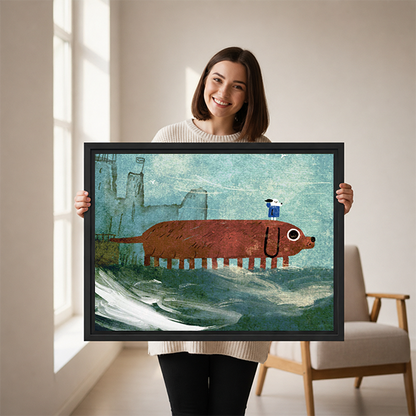 Smiling woman holding large giant dachshund city surreal oil painting framed canvas print to show size in bright room with rattan chair