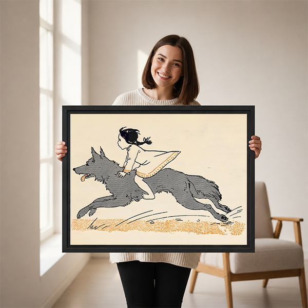 Woman holding vintage illustration framed canvas art of a girl riding a wolf dog in full gallop, bold ink graphic print, size reference