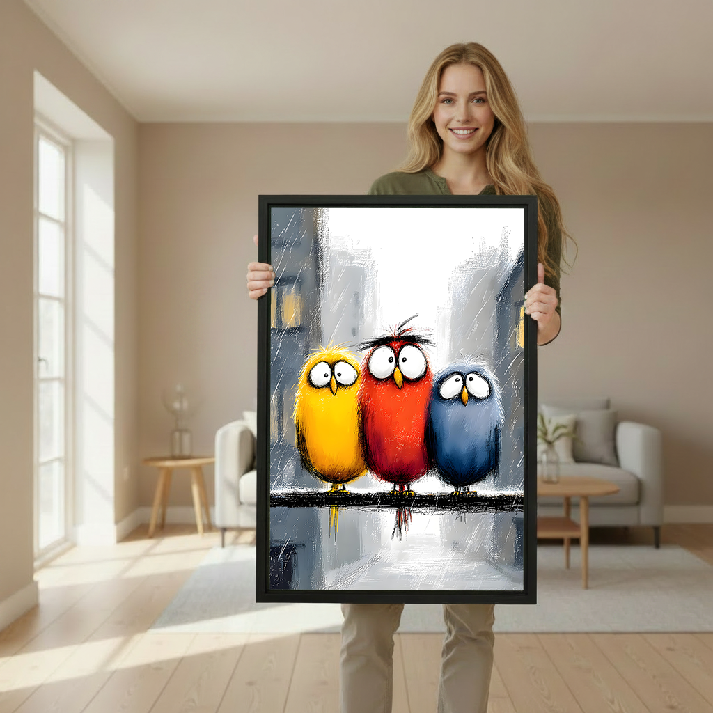 Woman in green shirt holding large three colorful cartoon birds on wire framed canvas print in yellow red and blue in bright Scandinavian living room