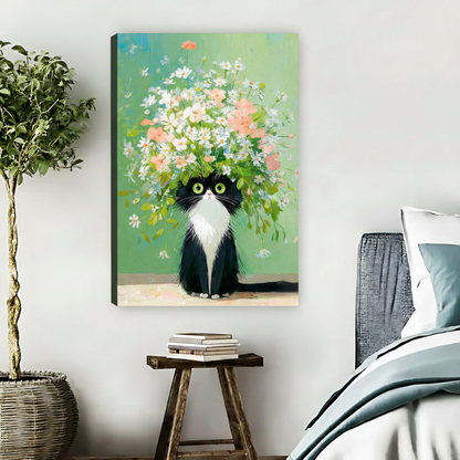 Cute black and white cat floral bouquet head green background float frame canvas wall art beside dark grey bed with wooden stool and wicker basket in Scandinavian bedroom