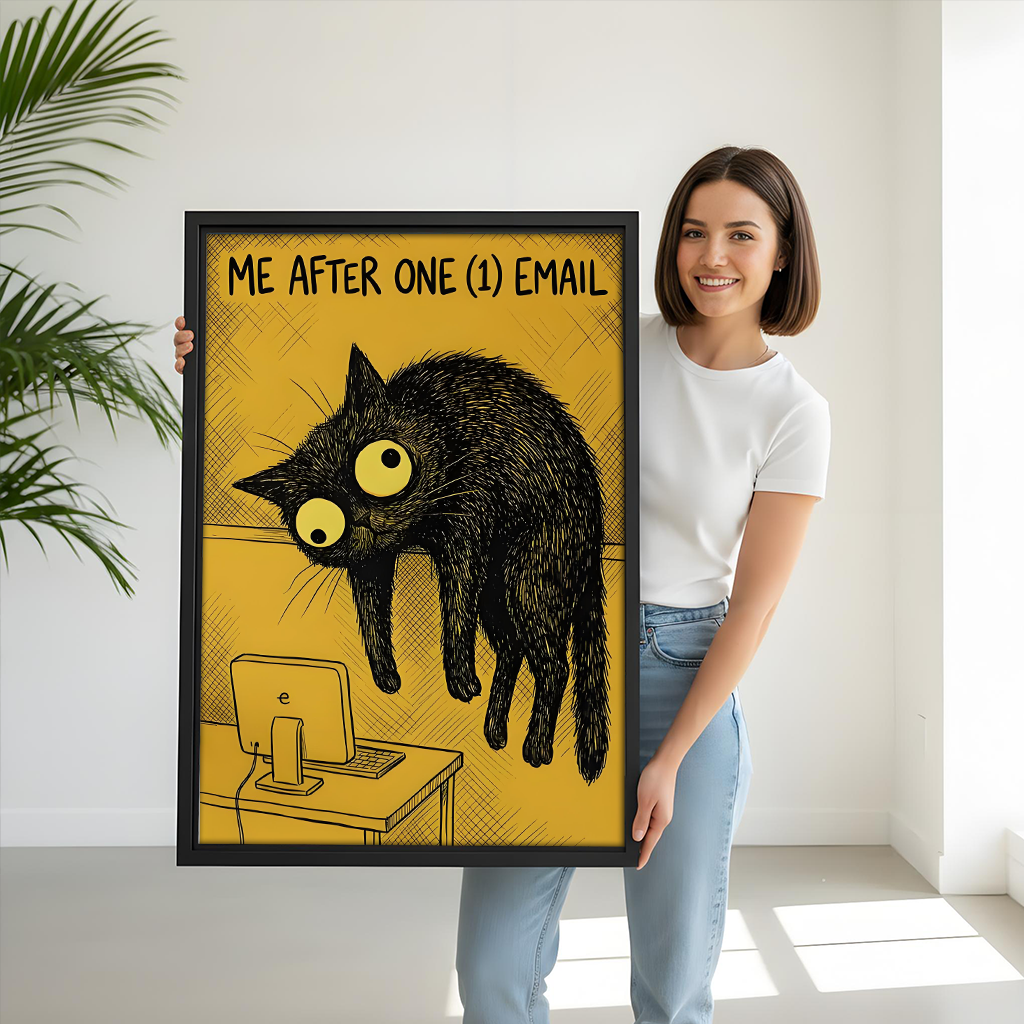 Woman holding funny black cat email meme framed art print – size reference wall decor