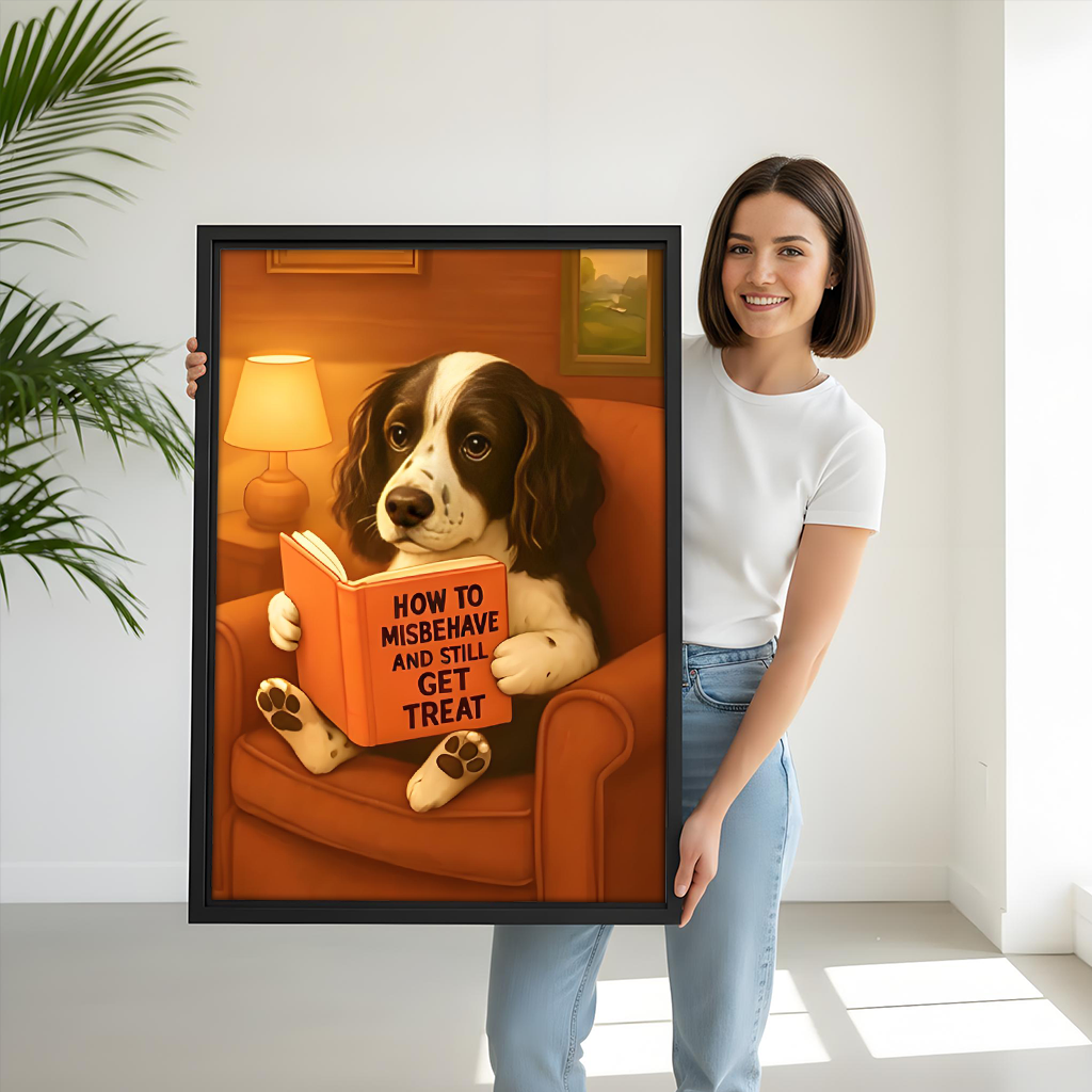 Woman holding large funny dog reading framed art print showing size scale with spaniel and How to Misbehave book