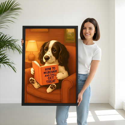 Woman holding large funny dog reading framed art print showing size scale with spaniel and How to Misbehave book