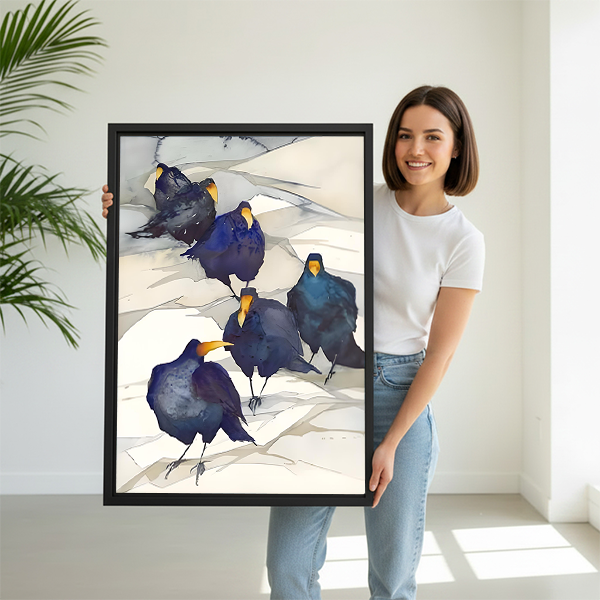 Woman holding bold watercolor crow flock framed canvas wall art, large size dark bird print for modern home decor