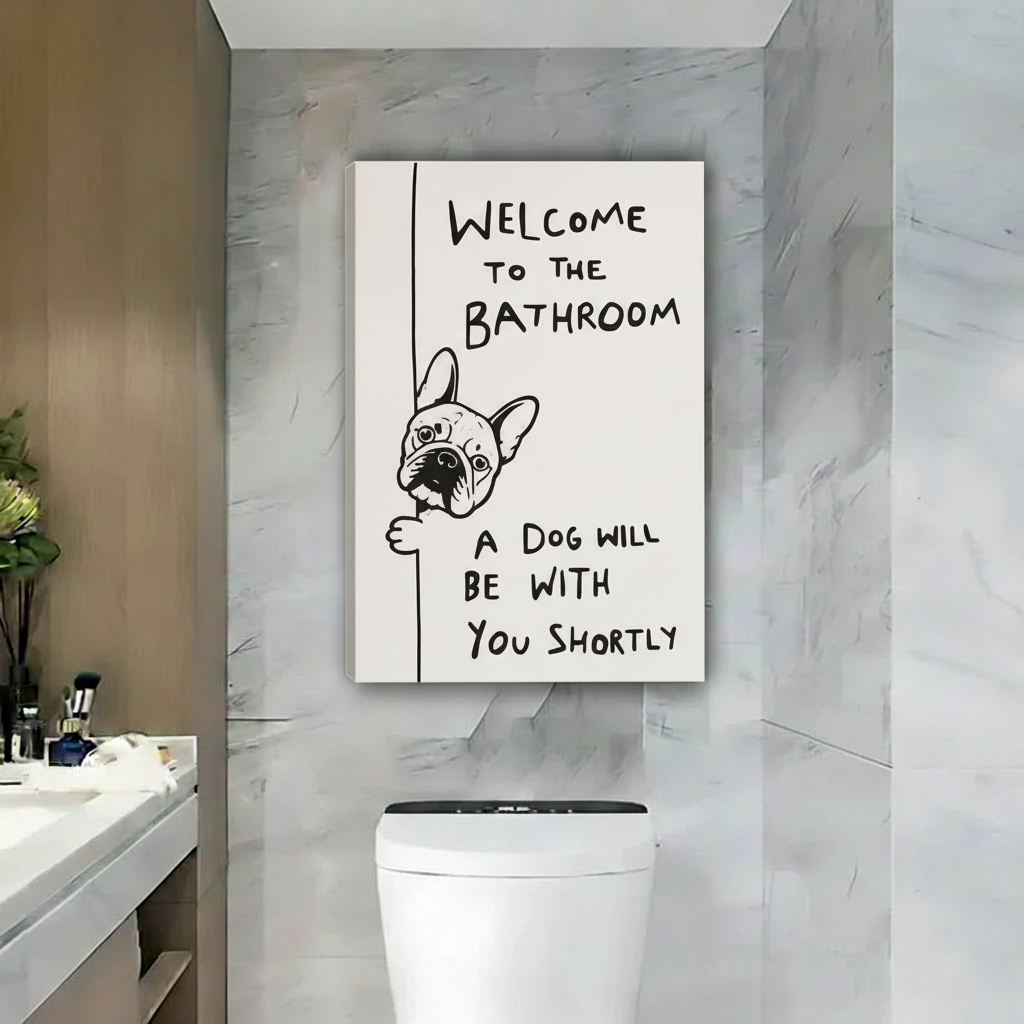 Framed French bulldog bathroom canvas wall art, humorous "A Dog Will Be With You Shortly" quote with peeking Frenchie, float frame canvas print for modern bathroom