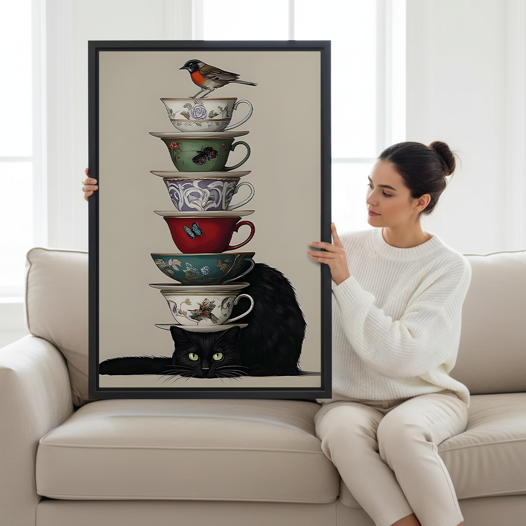 Black Cat Stacked Teacups Robin Bird Vintage Framed Canvas l3245