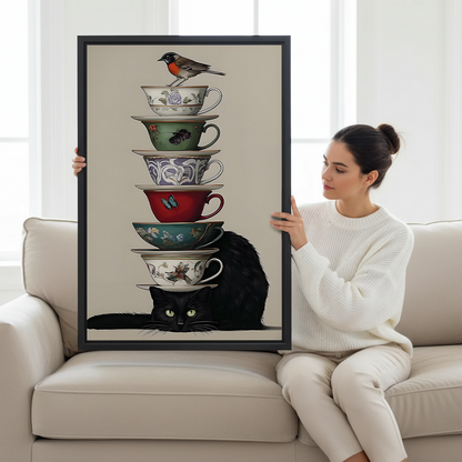 Black Cat Stacked Teacups Robin Bird Vintage Framed Canvas l3245