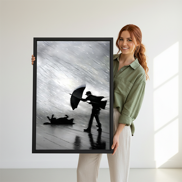 Woman holding black white rainy day funny dog slip framed canvas print – humorous photography wall art size display