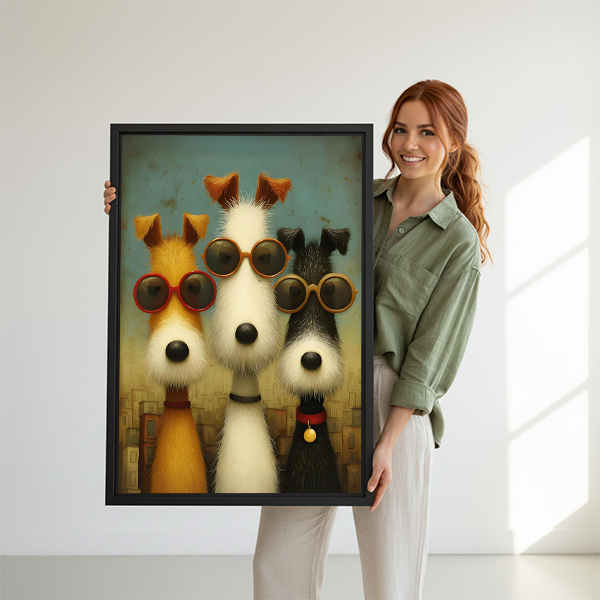 Woman holding vintage dogs sunglasses framed canvas print large wall art gift idea