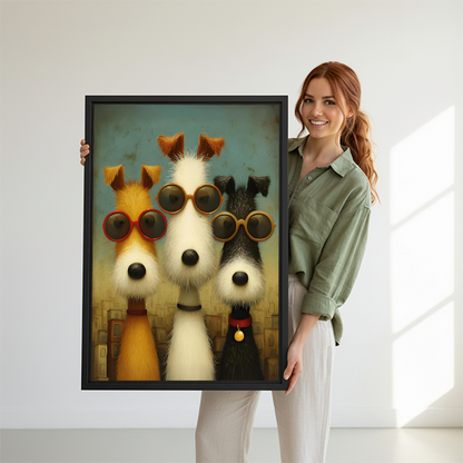 Woman holding vintage dogs sunglasses framed canvas print large wall art gift idea