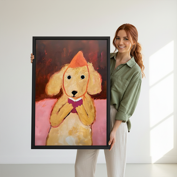 Woman holding large cute golden dog party hat oil painting framed canvas print showing actual artwork size