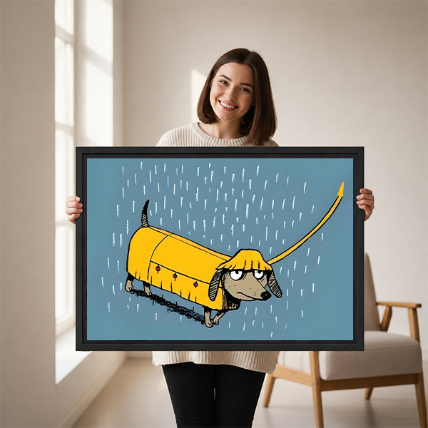 Woman Holding Grumpy Dachshund Yellow Raincoat Framed Art Print Size Reference