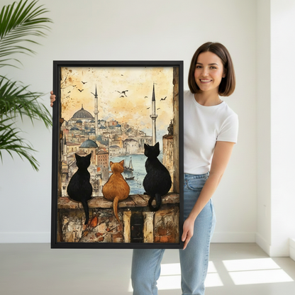 Model holding Istanbul cats vintage watercolor framed canvas print — large wall art gift idea with mosque and harbor view