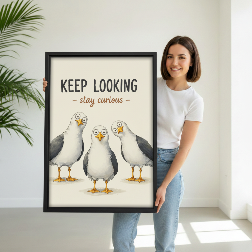 Woman holding large framed seagull motivational canvas print, funny bird wall art gift idea