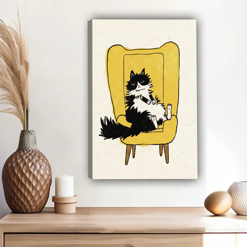 Lazy fluffy black and white cat sitting in mustard yellow wingback chair float frame canvas wall art above wooden sideboard with pineapple vase and ceramic decor in contemporary living room