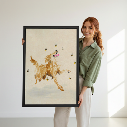 Woman holding large golden retriever watercolor bees whimsical framed canvas print showing size reference in bright white studio