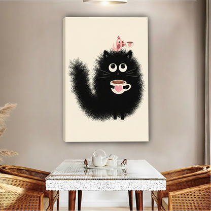 Adorable fluffy black cat pink heart latte cup pink bird on head cute illustration float frame canvas wall art above glass dining table with rattan chairs white tea set and pampas grass in contemporary boho dining room